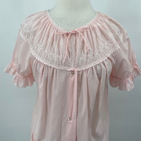 Vintage Nightgown Embroidered Neck Ruffled Short Sleeves Mini Pink Womens Medium - Picture 3 of 9